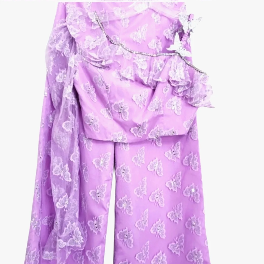 Lavender Floral Lace/Rhinestone Butterfly Pant/Crop Top Fun Fashion 2 Pc Set